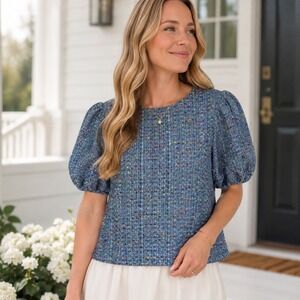Ivy City Co Roxie Top Blue Tweed Womens Sz 1X Puff Sleeves NEW NWT Modest Blouse